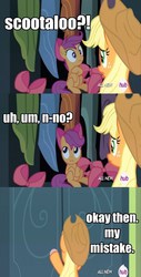 Size: 450x888 | Tagged: safe, edit, edited screencap, screencap, applejack, scootaloo, g4, somepony to watch over me, caption, text