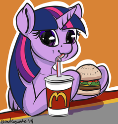 Size: 1428x1500 | Tagged: safe, artist:blindcoyote, twilight sparkle, alicorn, pony, g4, twilight time, drink, eating, fast food, female, food, mare, mcdonald's, product placement, reflection, solo, that pony sure does love burgers, twilight burgkle, twilight sparkle (alicorn)