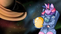 Size: 1280x720 | Tagged: safe, artist:nepkari, twilight sparkle, unicorn, anthro, g4, astronaut, female, helmet, planet, solo, space, spacesuit, unicorn twilight