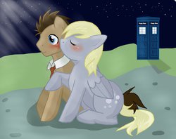 Size: 1005x795 | Tagged: safe, artist:littlecupoframen, derpy hooves, doctor whooves, time turner, pegasus, pony, g4, blushing, cute, derpabetes, female, kissing, male, mare, night, ship:doctorderpy, shipping, straight, tardis