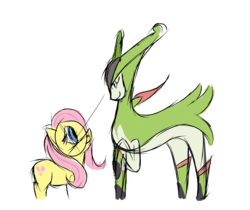 Size: 1429x1200 | Tagged: artist needed, safe, fluttershy, virizion, g4, crossover, pokémon