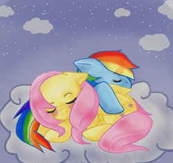 Size: 919x869 | Tagged: safe, artist:littlecupoframen, fluttershy, rainbow dash, g4, cute, female, lesbian, ship:flutterdash, shipping, sleeping, sleeping together, weapons-grade cute