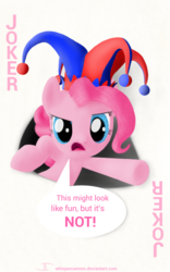 Size: 800x1280 | Tagged: safe, artist:whispercannon, pinkie pie, g4, card, female, hat, joker, pink text, solo