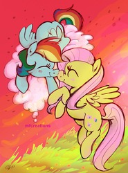 Size: 1280x1732 | Tagged: safe, artist:martcreates, fluttershy, rainbow dash, g4, boop, cloud, cloudy, female, lesbian, nuzzling, ship:flutterdash, shipping