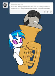 Size: 679x937 | Tagged: safe, artist:freckles, dj pon-3, octavia melody, vinyl scratch, earth pony, pony, unicorn, g4, eyes closed, floppy ears, gritted teeth, horn, implied horn vore, implied vore, joke, pun, request, visual pun, wat