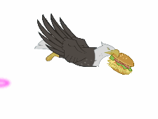 Size: 225x169 | Tagged: safe, that friggen eagle, bald eagle, eagle, animated, burger, flying, hay burger, implied twilight sparkle, laser, magic blast