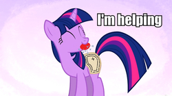 Size: 960x539 | Tagged: safe, edit, edited screencap, screencap, twilight sparkle, pony, unicorn, g4, suited for success, art of the dress, cute, eyes closed, female, helping, image macro, mare, meme, mouth hold, nom, pincushion, smiling, solo