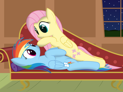 Size: 8000x6000 | Tagged: safe, artist:joey, fluttershy, rainbow dash, pegasus, pony, g4, absurd resolution, boop, couch, cuddling, eye contact, fainting couch, female, lesbian, looking at each other, mare, nose wrinkle, on back, on top, prone, ship:flutterdash, shipping, smiling, window
