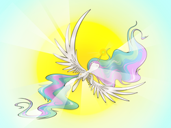 Size: 4000x3000 | Tagged: safe, artist:flamevulture17, princess celestia, alicorn, pony, g4, crepuscular rays, female, flying, long mane, long tail, solo, tail