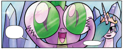 Size: 960x380 | Tagged: safe, idw, official comic, princess celestia, spike, dragon, pony, friends forever #3, g4, my little pony: friends forever, spoiler:comic, crystal, duo, ethereal mane, female, lens, male, mare, speech bubble