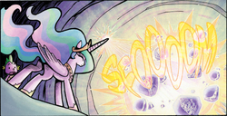 Size: 941x481 | Tagged: safe, idw, official comic, princess celestia, spike, alicorn, dragon, pony, friends forever #3, g4, my little pony: friends forever, spoiler:comic, crystal, duo, ethereal mane, explosion, female, male, mare