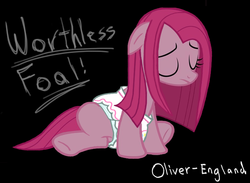 Size: 753x551 | Tagged: safe, artist:oliver-england, pinkie pie, g4, diaper, disembodied thoughts, female, non-baby in diaper, pinkamena diane pie, sad, solo