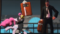 Size: 1366x768 | Tagged: safe, artist:fezwearingdoctor, pinkie pie, g4, 3d, balancing, briefcase, gmod, intel, pinkie spy, ponies balancing stuff on their nose, soldier, soldier (tf2), team fortress 2