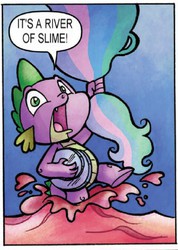 Size: 318x446 | Tagged: safe, edit, idw, princess celestia, spike, g4, spoiler:comic, ghostbusters, ghostbusters 2, mood slime, quote, reference