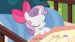 Size: 640x355 | Tagged: safe, screencap, sweetie belle, g4, somepony to watch over me, female, hub logo, meme, solo, youtube caption
