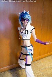Size: 1365x2048 | Tagged: safe, artist:pyrotempertantrum, dj pon-3, vinyl scratch, human, g4, 2013, belly button, clothes, cosplay, irl, irl human, midriff, nan desu kan, ndk, photo, shorts, solo, suspenders