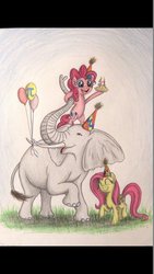 Size: 670x1191 | Tagged: safe, artist:thefriendlyelephant, fluttershy, pinkie pie, oc, oc:obi, elephant, balloon, birthday, candle, dancing, grass, hat, outdoors, party, party hat, pi day, pie, smiling, traditional art, trio