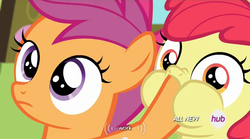 Size: 640x355 | Tagged: safe, screencap, apple bloom, scootaloo, g4, somepony to watch over me, hoof in mouth, hub logo, meme, puffy cheeks, youtube caption