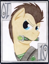 Size: 551x720 | Tagged: safe, artist:the1king, doctor whooves, time turner, g4, doctor who, katana, kimono (clothing), male, playing card, solo, sonic screwdriver, sword, the doctor, weapon