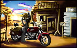 Size: 1920x1200 | Tagged: safe, artist:nemo2d, derpy hooves, pegasus, pony, g4, female, mare, motorcycle, saloon, solo, sunglasses
