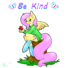Size: 567x544 | Tagged: safe, artist:bunnycat, fluttershy, bird, anthro, unguligrade anthro, g4, animal, clothes, cute, element of kindness, elements of harmony, female, heart, looking at you, nature, sitting, smiling, socks, solo, sweater, sweatershy, tree stump