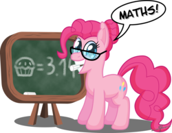Size: 1280x992 | Tagged: safe, artist:gray--day, pinkie pie, earth pony, pony, g4, chalk, chalkboard, dialogue, female, glasses, mare, math, mathematical anti-telharsic harfatum septomin, mouth hold, pi day, pinkie pi, simple background, smiling, solo, speech bubble, transparent background
