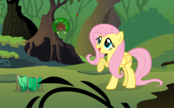 Size: 1680x1050 | Tagged: safe, artist:doctor-g, fluttershy, metroid (species), g4, crossover, everfree forest, metroid