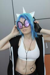 Size: 640x960 | Tagged: safe, artist:lollymimi, dj pon-3, vinyl scratch, human, g4, anime revolution, belly button, belly piercing, bellyring, cleavage, clothes, cosplay, female, irl, irl human, midriff, photo, piercing, solo, sports bra, weapon