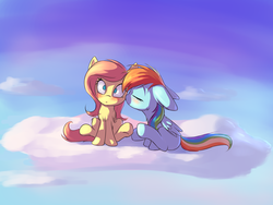 Size: 3200x2400 | Tagged: safe, artist:sokolas, fluttershy, rainbow dash, pegasus, pony, blushing, cloud, cloudy, cute, eyes closed, female, filly, filly fluttershy, filly rainbow dash, flutterdash, it didn't happen, kissing, lesbian, shipping, sky, surprise kiss, surprised, younger