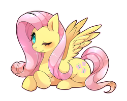 Size: 1000x800 | Tagged: safe, artist:zakro, fluttershy, g4, blushing, female, pixiv, prone, smiling, solo, spread wings, wink