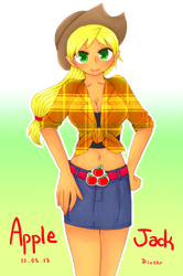 Size: 532x800 | Tagged: safe, artist:divided-s, applejack, human, g4, elf ears, female, humanized, pixiv, solo