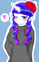 Size: 444x709 | Tagged: safe, artist:divided-s, rarity, human, g4, beatnik rarity, beret, clothes, elf ears, female, hat, horn, horned humanization, humanized, pixiv, solo