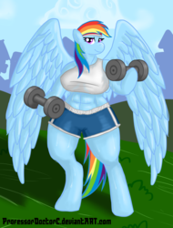 Size: 6335x8344 | Tagged: safe, artist:professordoctorc, rainbow dash, anthro, unguligrade anthro, g4, abs, absurd resolution, arm hooves, breasts, busty rainbow dash, clothes, female, midriff, muscles, rainbuff dash, solo, sports bra, sports shorts, sweat, workout