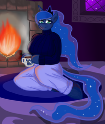 Size: 2375x2801 | Tagged: safe, artist:professordoctorc, princess luna, anthro, unguligrade anthro, g4, arm hooves, breasts, busty princess luna, chubby, clothes, female, fireplace, high res, solo, sweater