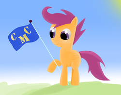 Size: 2152x1696 | Tagged: safe, artist:miaowwww, scootaloo, pegasus, pony, g4, female, filly, flag, smiling, solo