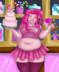 Size: 4142x5000 | Tagged: safe, artist:professordoctorc, pinkie pie, human, g4, absurd resolution, bbw, belly button, cake, candy, clothes, cute, diapinkes, fat, humanized, midriff, muffin top, obese, piggy pie, pudgy pie, smiling, sugarcube corner