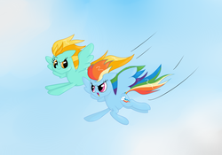 Size: 2000x1400 | Tagged: safe, artist:pumpkinkikile, lightning dust, rainbow dash, g4, flying