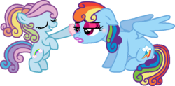 Size: 754x371 | Tagged: safe, artist:starryoak, rainbow dash, pegasus, pony, g3, g4, duo, eyeshadow, filly, g3 to g4, generation leap, lipstick, makeover, makeup, rainbow dash always dresses in style, simple background, transparent background, unamused