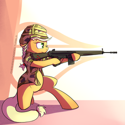 Size: 1200x1200 | Tagged: safe, artist:cheshiresdesires, applejack, earth pony, semi-anthro, g4, female, gun, heckler and koch, rifle, solo, weapon
