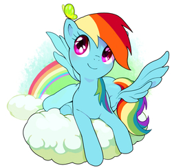 Size: 512x500 | Tagged: safe, artist:moudoku, rainbow dash, butterfly, insect, pegasus, pony, g4, animal, cloud, cute, dashabetes, female, mare, on a cloud, pixiv, prone, rainbow, simple background, smiling, solo, spread wings, white background, wings