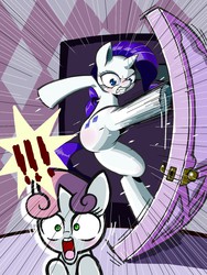Size: 1200x1600 | Tagged: safe, artist:anchor, rarity, sweetie belle, pony, unicorn, g4, ponyville confidential, angry, bipedal, blushing, butt, door, dramatic entrance, duo, fangs, featureless crotch, gritted teeth, jaw drop, kick, kicking, pixiv, plot, scene interpretation, teeth