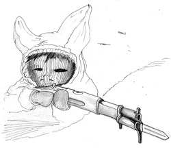 Size: 948x843 | Tagged: safe, artist:php64, pony, bayonet, clothes, gun, hoodie, iron sight, monochrome, mosin nagant, ponified, rifle, simo häyhä, sniper, snow, solo, traditional art, war, war camo, white death, winter war