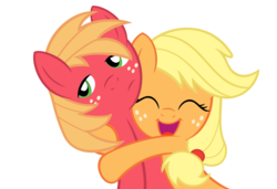 Size: 1500x1025 | Tagged: dead source, safe, artist:datnaro, artist:whitediamonds, applejack, big macintosh, earth pony, pony, g4, brother and sister, duo, eyes closed, female, hug, male, open mouth, open smile, siblings, smiling, stallion