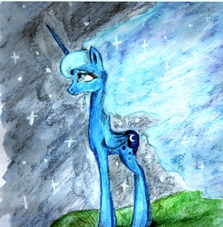 Size: 2469x2507 | Tagged: safe, artist:denigirl, princess luna, alicorn, pony, g4, female, high res, night, solo, traditional art