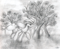 Size: 1585x1298 | Tagged: dead source, safe, artist:nika191319, applejack, g4, female, monochrome, running, solo, traditional art, tree