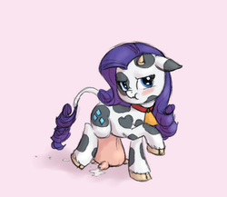 Size: 760x660 | Tagged: safe, artist:carnifex, artist:deeriojim, rarity, cow, g4, collar, cow udder, cowbell, cowified, female, lactation, leaking, looking at you, milk, puddle, raricow, saggy, solo, species swap, udder