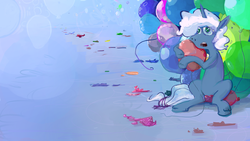 Size: 1920x1080 | Tagged: safe, artist:doctorpepperphd, pokey pierce, pony, unicorn, g4, balloon, balloon popping, balloon riding, party balloon, sitting, solo, spread legs, surreal, wallpaper