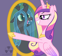 Size: 900x806 | Tagged: safe, artist:atomic-kitten10, queen chrysalis, alicorn, changeling, changeling queen, pony, g4, disguise, disguised changeling, fake cadance, female, mirror