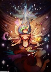 Size: 755x1057 | Tagged: safe, artist:foxinshadow, discord, princess celestia, anthro, g4, element of magic, eyes closed, hinduism, horn, magic, multiple arms, ravi, religion, religious, scroll, sitting, sparkles, tiara