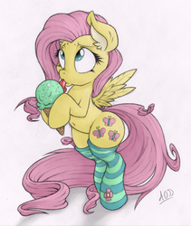 Size: 843x1000 | Tagged: dead source, safe, artist:dfectivedvice, artist:panickypinky, fluttershy, pegasus, pony, g4, belly button, bipedal, clothes, colored, eating, female, food, ice cream, licking, socks, solo, striped socks